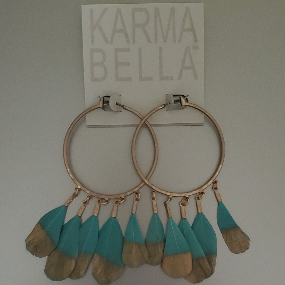 NWT Gold Turquoise Hoop Feather Earrings